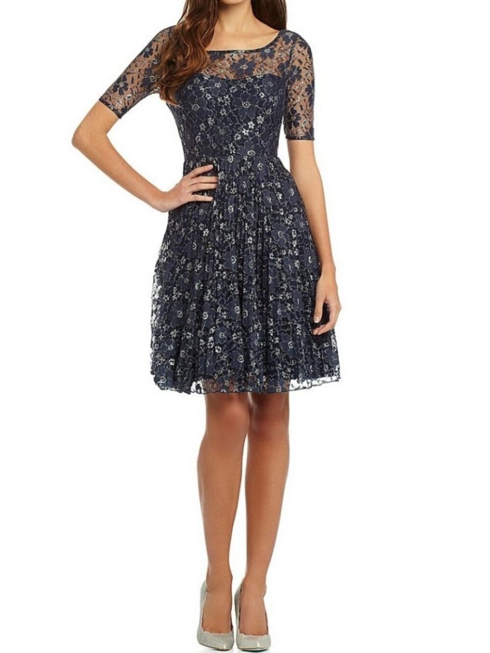 Betsey Johnson Navy Blue Floral Lace Low Cut Back Tea Dress Size 12 Wedding Boho